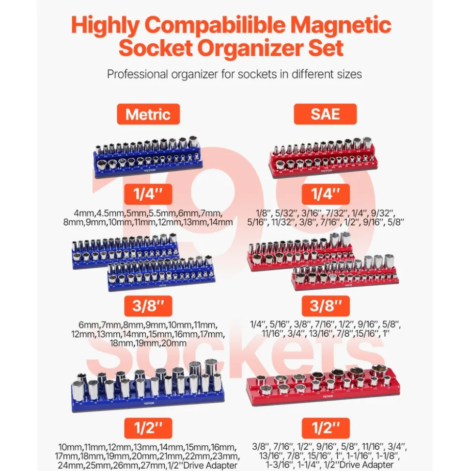 VEVOR Magnetic Socket Organizer Set, 8PCS Socket Holder, 1/4'', 3/8'' & 1/2'' Metric SAE Socket Trays with Clear Labels, Hold up to 199PCS Standard & Deep Sockets, Blaue & Red (Sockets Not Included)