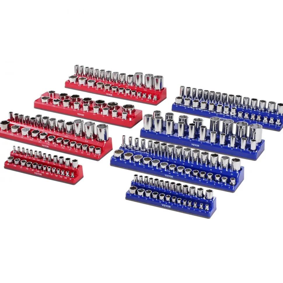 VEVOR Magnetic Socket Organizer Set, 8PCS Socket Holder, 1/4'', 3/8'' & 1/2'' Metric SAE Socket Trays with Clear Labels, Hold up to 199PCS Standard & Deep Sockets, Blaue & Red (Sockets Not Included)