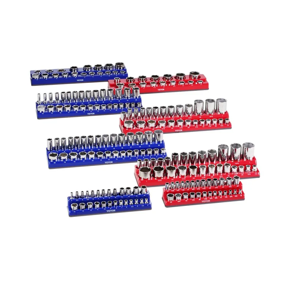 VEVOR Magnetic Socket Organizer Set, 8PCS Socket Holder, 1/4'', 3/8'' & 1/2'' Metric SAE Socket Trays with Clear Labels, Hold up to 199PCS Standard & Deep Sockets, Blaue & Red (Sockets Not Included)