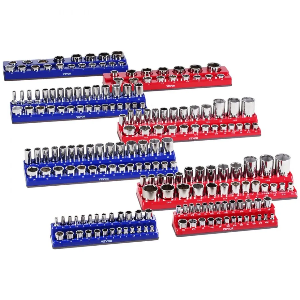 VEVOR Magnetic Socket Organizer Set, 8PCS Socket Holder, 1/4'', 3/8'' & 1/2'' Metric SAE Socket Trays with Clear Labels, Hold up to 199PCS Standard & Deep Sockets, Blaue & Red (Sockets Not Included)