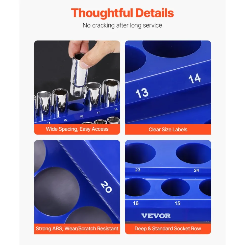 VEVOR Magnetic Socket Organizer Set, 8PCS Socket Holder, 1/4'', 3/8'' & 1/2'' Metric SAE Socket Trays with Clear Labels, Hold up to 199PCS Standard & Deep Sockets, Blaue & Red (Sockets Not Included)
