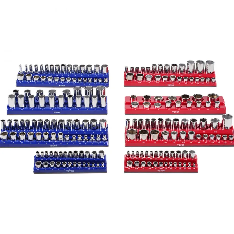VEVOR Magnetic Socket Organizer Set, 8PCS Socket Holder, 1/4'', 3/8'' & 1/2'' Metric SAE Socket Trays with Clear Labels, Hold up to 199PCS Standard & Deep Sockets, Blaue & Red (Sockets Not Included)