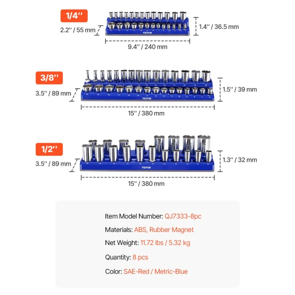 VEVOR Magnetic Socket Organizer Set, 8PCS Socket Holder, 1/4'', 3/8'' & 1/2'' Metric SAE Socket Trays with Clear Labels, Hold up to 199PCS Standard & Deep Sockets, Blaue & Red (Sockets Not Included)