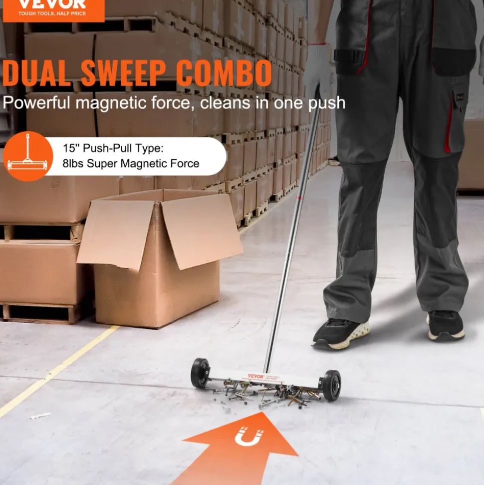 VEVOR Magnetic Sweeper with Wheels, 15inch Mini Magnetic Sweeper, 8 lbs Capacity, Adjustable Handle, Lightweight Magnetic Pickup Sweeper to Pick Up Nails and Screws, Easy Cleanup of Workshop Garage