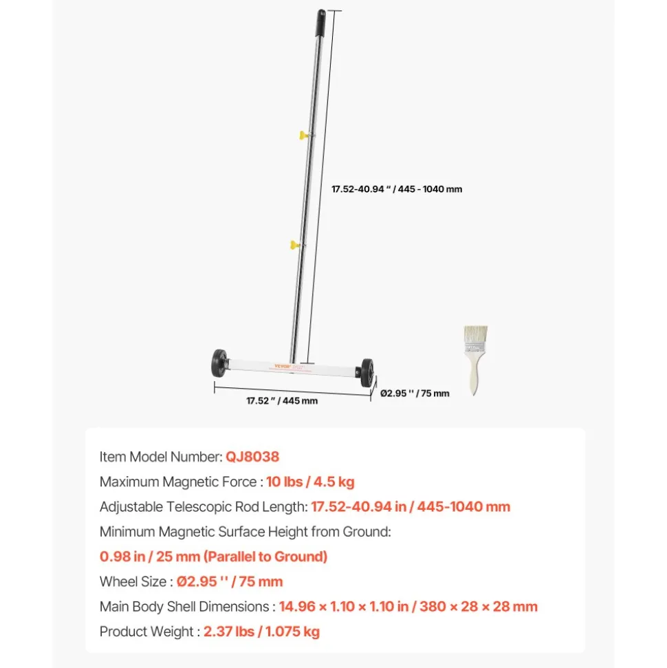 VEVOR Magnetic Sweeper with Wheels, 17 inch, 10 lbs Load Capacity, Lightweight Magnetic Pickup Sweeper with Adjustable Handle, Pick Up Nails and Screws, Easy Cleanup for Garages, Roofing Projects
