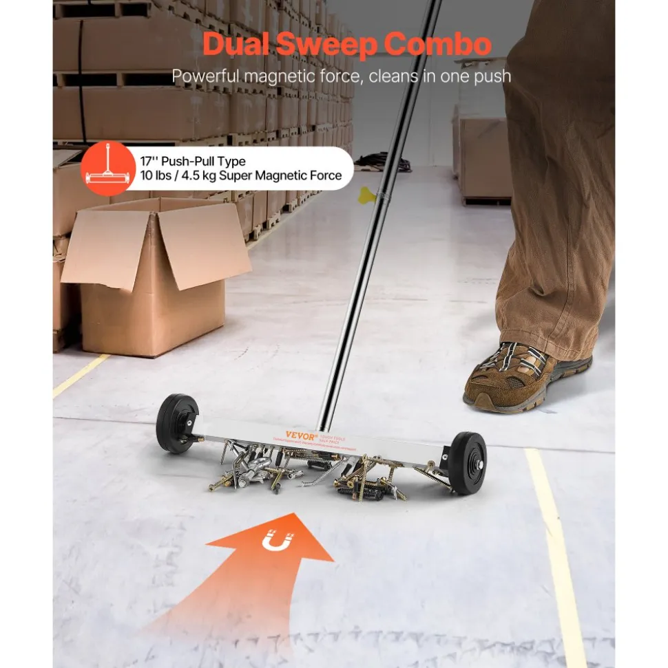 VEVOR Magnetic Sweeper with Wheels, 17 inch, 10 lbs Load Capacity, Lightweight Magnetic Pickup Sweeper with Adjustable Handle, Pick Up Nails and Screws, Easy Cleanup for Garages, Roofing Projects