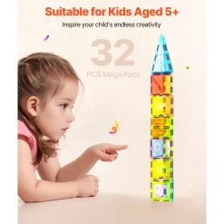 VEVOR Magnetic Tiles, 32 PCS Magnetic Building Blocks for Kids, Magnet Building Set with Storage Bag, STEM Sensory Educational Construction Stacking Toys Gift for Toddlers Boys and Girls 3+ Year Old