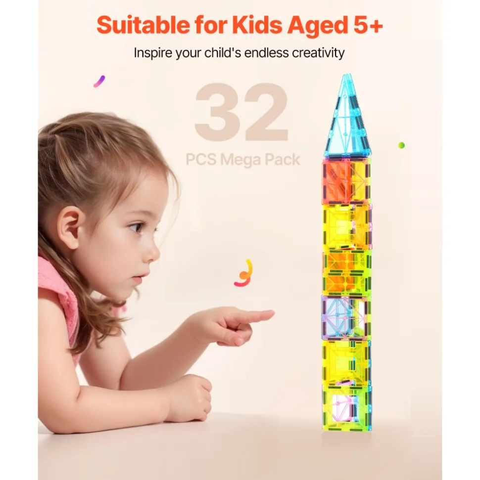 VEVOR Magnetic Tiles, 32 PCS Magnetic Building Blocks for Kids, Magnet Building Set with Storage Bag, STEM Sensory Educational Construction Stacking Toys Gift for Toddlers Boys and Girls 3+ Year Old