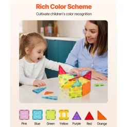 VEVOR Magnetic Tiles, 32 PCS Magnetic Building Blocks for Kids, Magnet Building Set with Storage Bag, STEM Sensory Educational Construction Stacking Toys Gift for Toddlers Boys and Girls 3+ Year Old
