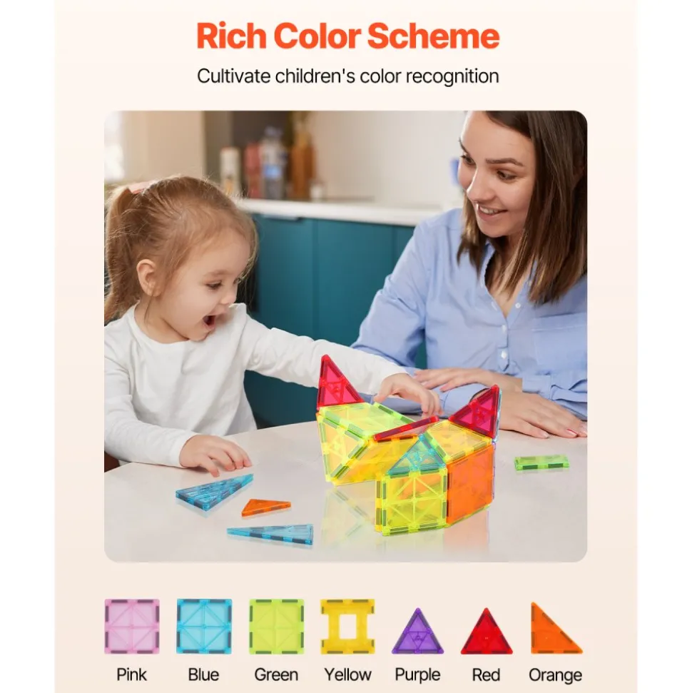 VEVOR Magnetic Tiles, 32 PCS Magnetic Building Blocks for Kids, Magnet Building Set with Storage Bag, STEM Sensory Educational Construction Stacking Toys Gift for Toddlers Boys and Girls 3+ Year Old