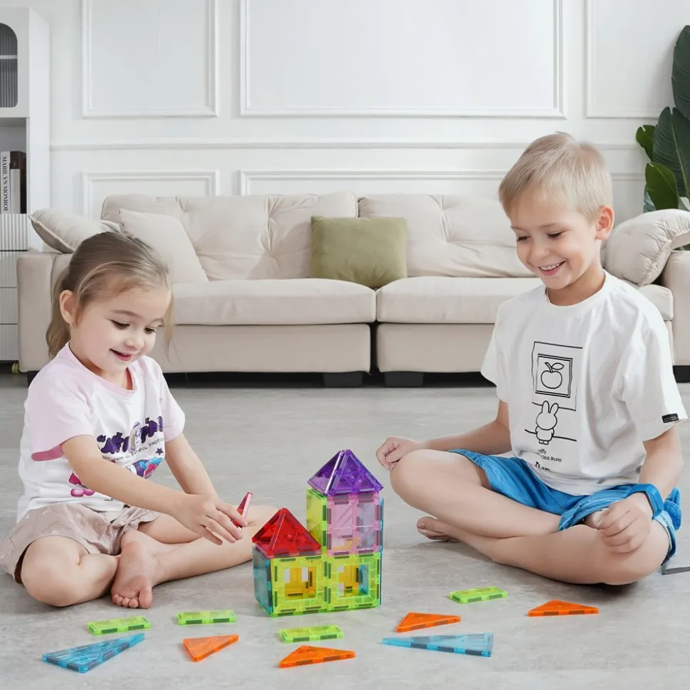 VEVOR Magnetic Tiles, 32 PCS Magnetic Building Blocks for Kids, Magnet Building Set with Storage Bag, STEM Sensory Educational Construction Stacking Toys Gift for Toddlers Boys and Girls 3+ Year Old