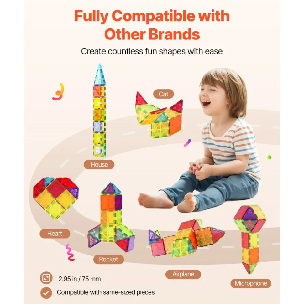 VEVOR Magnetic Tiles, 32 PCS Magnetic Building Blocks for Kids, Magnet Building Set with Storage Bag, STEM Sensory Educational Construction Stacking Toys Gift for Toddlers Boys and Girls 3+ Year Old