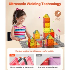 VEVOR Magnetic Tiles, 56 PCS Magnetic Road Building Blocks for Kids, Magnet Building Set with Storage Bag, STEM Sensory Educational City Construction Stacking Toys Gift for Toddlers Boys Girls Aged 3+
