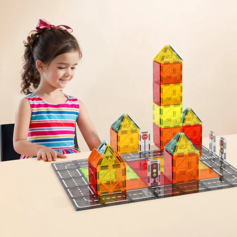 VEVOR Magnetic Tiles, 56 PCS Magnetic Road Building Blocks for Kids, Magnet Building Set with Storage Bag, STEM Sensory Educational City Construction Stacking Toys Gift for Toddlers Boys Girls Aged 3+