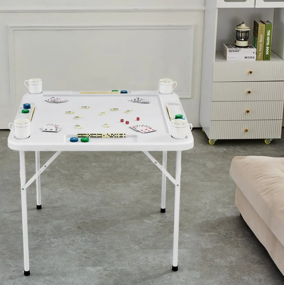VEVOR Mahjong Table, 4 Player Folding Domino Table with Wear-Resistant Green Tabletop, Portable Square Card Table with 4 Cup Holders & 4 Chip Trays for Mahjong Poker Puzzles, 35.4 x 35.4-inch