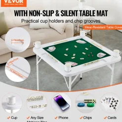 VEVOR Mahjong Table, 4 Player Folding Domino Table with Wear-Resistant Green Tabletop, Portable Square Card Table with 4 Cup Holders & 4 Chip Trays for Mahjong Poker Puzzles, 35.4 x 35.4-inch
