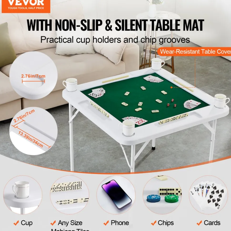VEVOR Mahjong Table, 4 Player Folding Domino Table with Wear-Resistant Green Tabletop, Portable Square Card Table with 4 Cup Holders & 4 Chip Trays for Mahjong Poker Puzzles, 35.4 x 35.4-inch