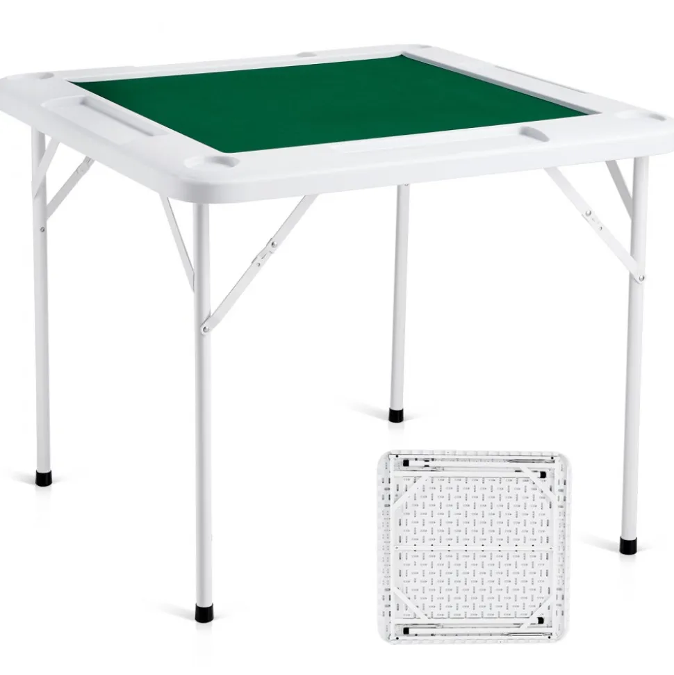 VEVOR Mahjong Table, 4 Player Folding Domino Table with Wear-Resistant Green Tabletop, Portable Square Card Table with 4 Cup Holders & 4 Chip Trays for Mahjong Poker Puzzles, 35.4 x 35.4-inch