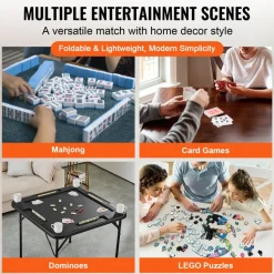 VEVOR Mahjong Table, Square 4 Player Folding Card Table with 4 Cup Holders & 4 Chip Trays, Portable Domino Game Table with 1 Set of Dominoes for Mahjong Poker Puzzles, 35.4 x 35.4-inch, White