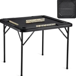 VEVOR Mahjong Table, Square 4 Player Folding Card Table with 4 Cup Holders & 4 Chip Trays, Portable Domino Game Table with 1 Set of Dominoes for Mahjong Poker Puzzles, 35.4 x 35.4-inch, White