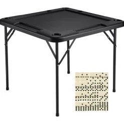 VEVOR Mahjong Table, Square 4 Player Folding Card Table with 4 Cup Holders & 4 Chip Trays, Portable Domino Game Table with 1 Set of Dominoes for Mahjong Poker Puzzles, 35.4 x 35.4-inch, White