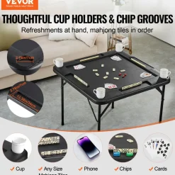 VEVOR Mahjong Table, Square 4 Player Folding Card Table with 4 Cup Holders & 4 Chip Trays, Portable Domino Game Table with 1 Set of Dominoes for Mahjong Poker Puzzles, 35.4 x 35.4-inch, White