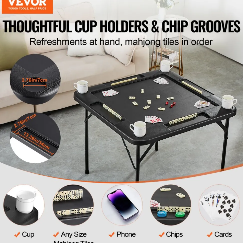 VEVOR Mahjong Table, Square 4 Player Folding Card Table with 4 Cup Holders & 4 Chip Trays, Portable Domino Game Table with 1 Set of Dominoes for Mahjong Poker Puzzles, 35.4 x 35.4-inch, White
