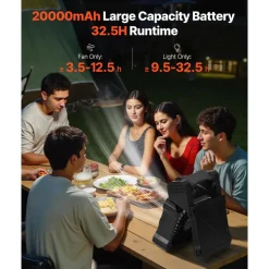 VEVOR 20000mAh Rechargeable Solar Fan with LED Lantern, 8 inch Portable Fan Cordless with 7W Foldable Solar Panel, 5-Speed& Timer& Quiet,USB Battery Powered for Camping Tent Worksite Office Desk