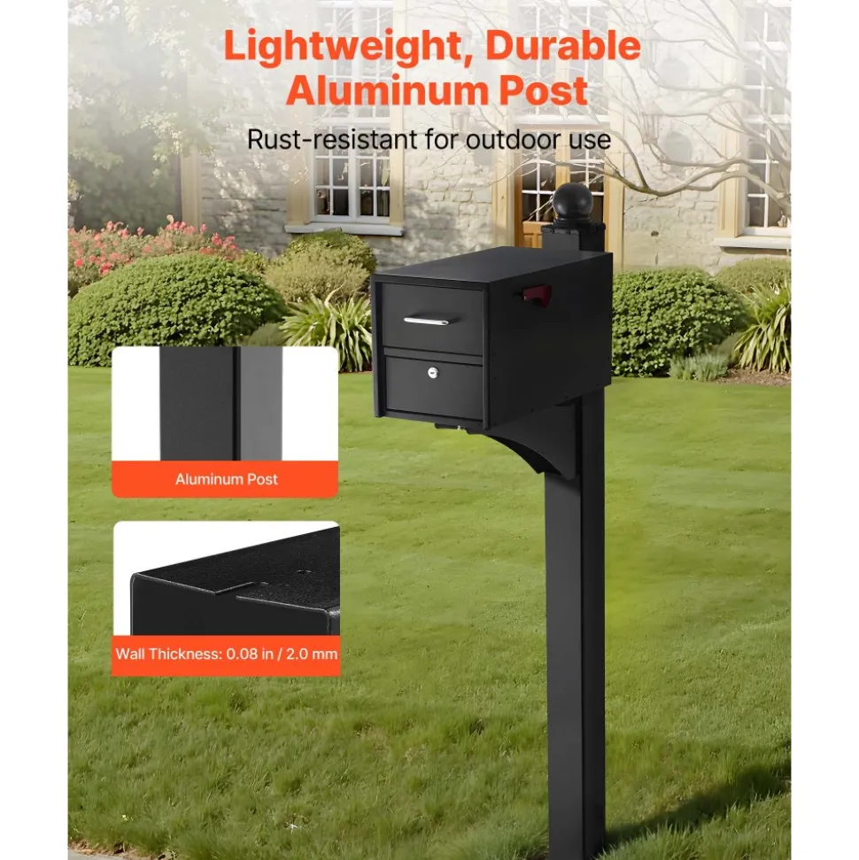 VEVOR Mailbox Post, 56 x 4 x 4 Inches, Aluminum In-Ground Mounting Mail Box Stand with Universal Plate Bracket, Heavy Duty Metal Post Sleeve Kit for Outside Curbside Residential, Powder Coated Black