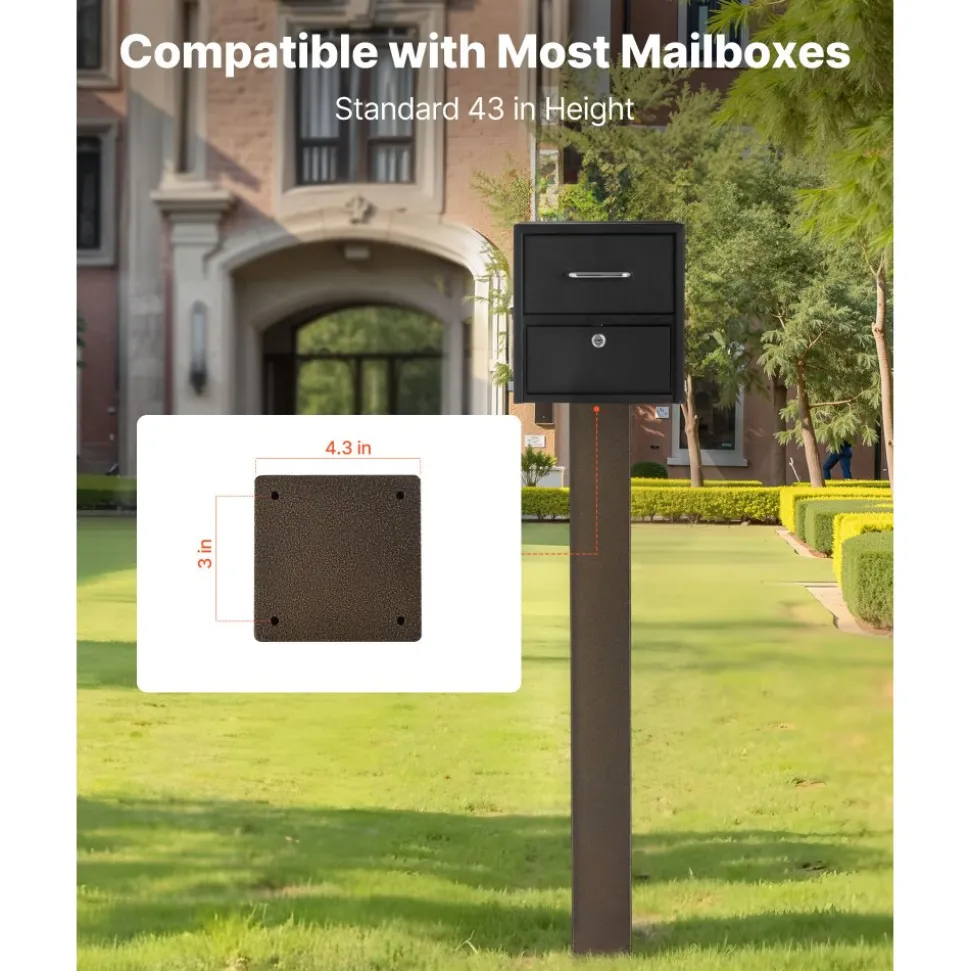 VEVOR Mailbox Post, 43 x 4 x 4 Inches, Steel In-Ground Mounting Mail Box Stand with Powder Coating Surface, Heavy Duty Metal Post Sleeve Kit for Outside Curbside Residential Use, Easy Install, Bronze