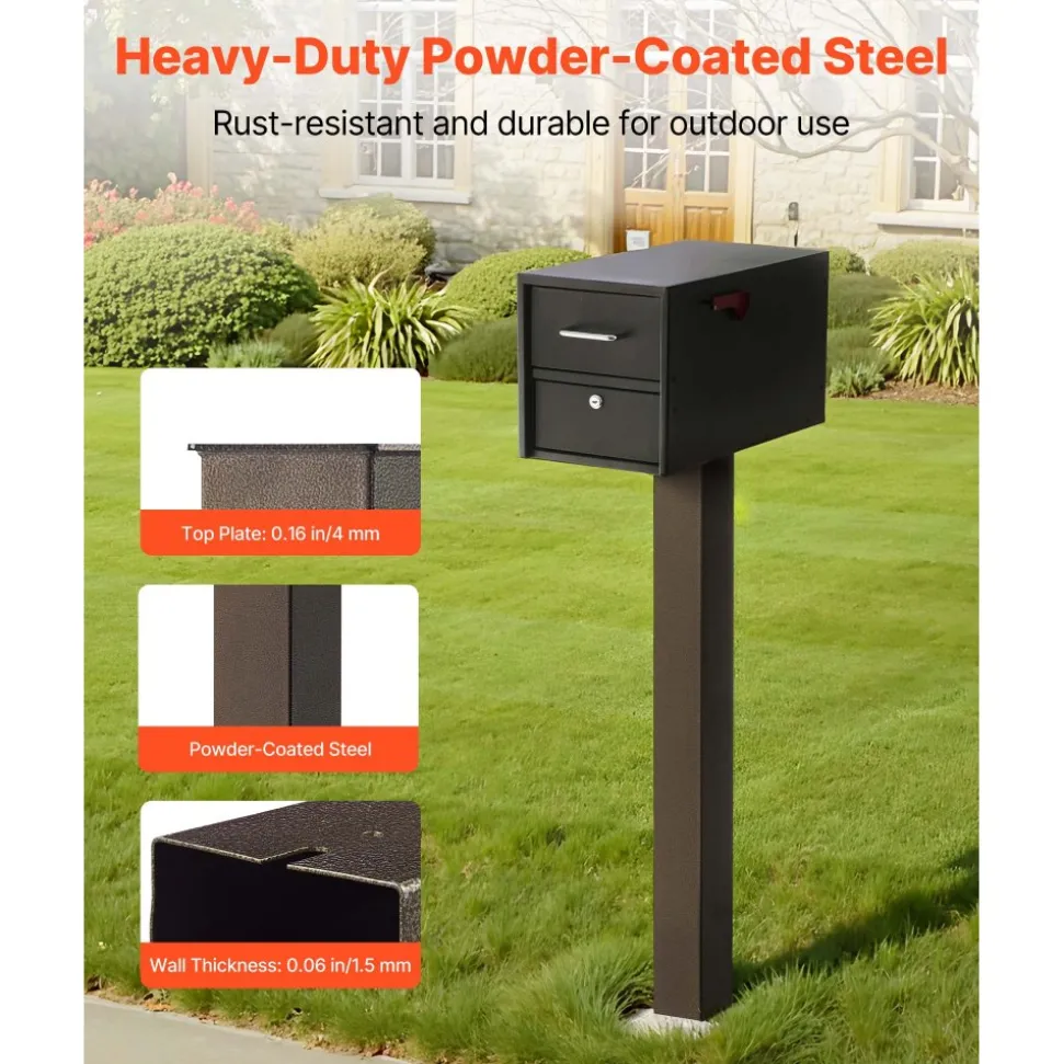 VEVOR Mailbox Post, 43 x 4 x 4 Inches, Steel In-Ground Mounting Mail Box Stand with Powder Coating Surface, Heavy Duty Metal Post Sleeve Kit for Outside Curbside Residential Use, Easy Install, Bronze