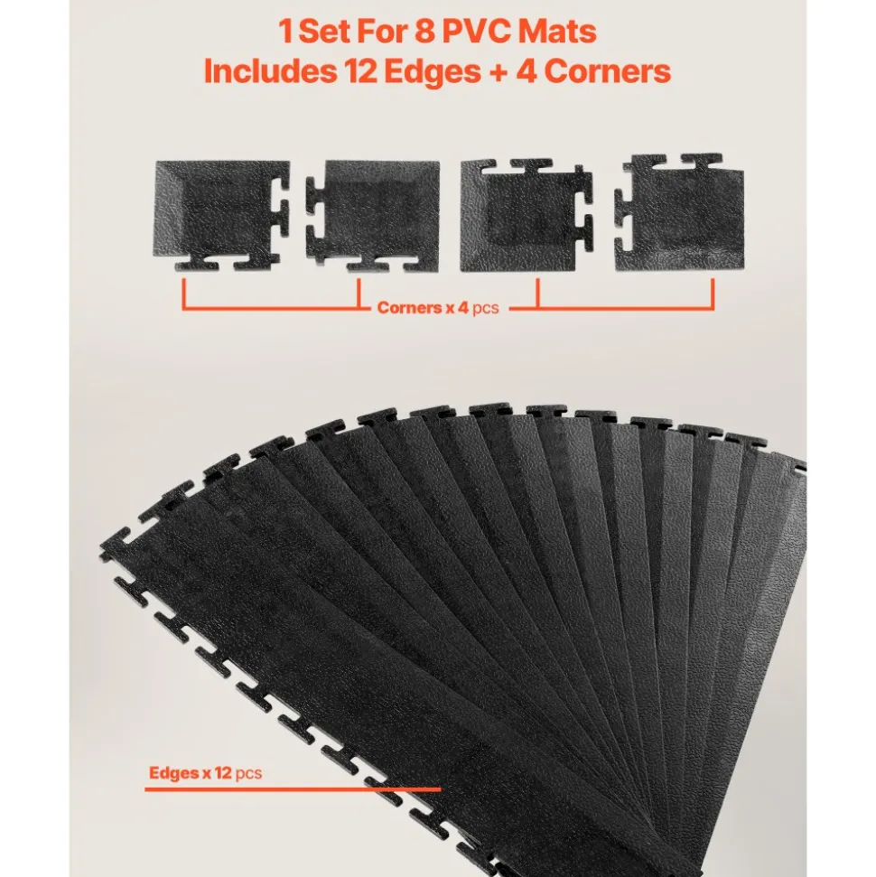 VEVOR Male Garage Floors Transition Edge Kit, 12 Edges and 4 Corners, Sturdy PVC Interlocking Modular Garage Floor Edging Slip-resistant, Compatible Only with VEVOR 4-Sided Interlocking Mats, Black