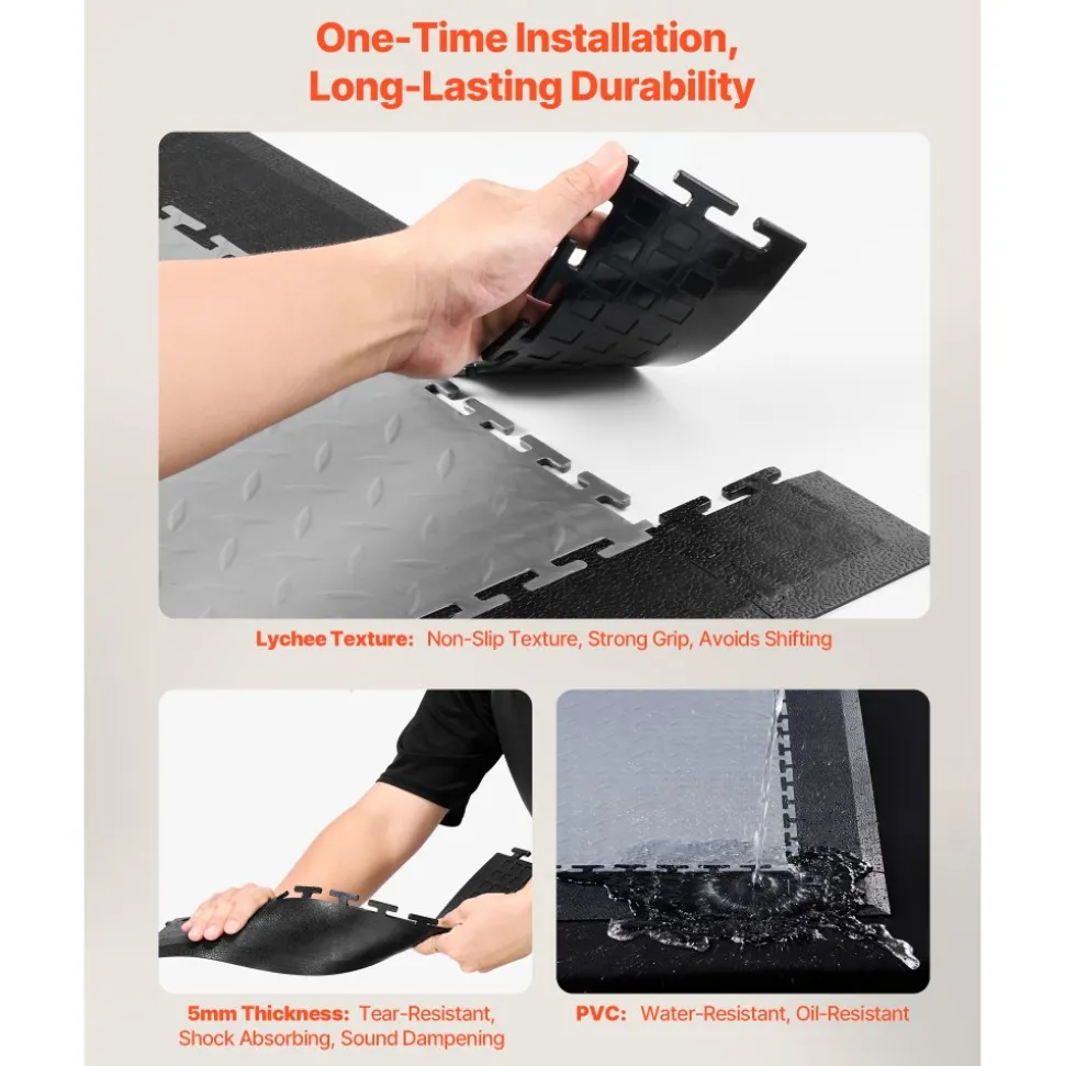 VEVOR Male Garage Floors Transition Edge Kit, 12 Edges and 4 Corners, Sturdy PVC Interlocking Modular Garage Floor Edging Slip-resistant, Compatible Only with VEVOR 4-Sided Interlocking Mats, Black