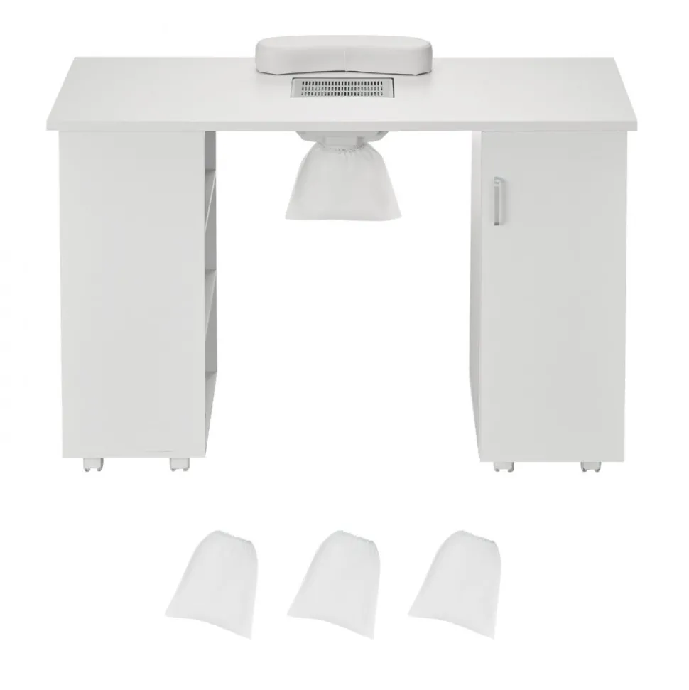 VEVOR Manicure Table, Nail Table Station with Electric Dust Collector, Moveable Nail Tech Desk with 8 Wheels (4 Lockable), 3 Dust Bag & Wrist Rest, MDF Nail Art Workstation for Spa Beauty Salon, White
