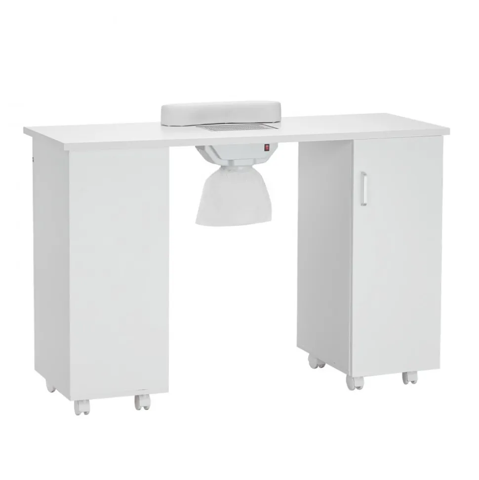VEVOR Manicure Table, Nail Table Station with Electric Dust Collector, Moveable Nail Tech Desk with 8 Wheels (4 Lockable), 3 Dust Bag & Wrist Rest, MDF Nail Art Workstation for Spa Beauty Salon, White
