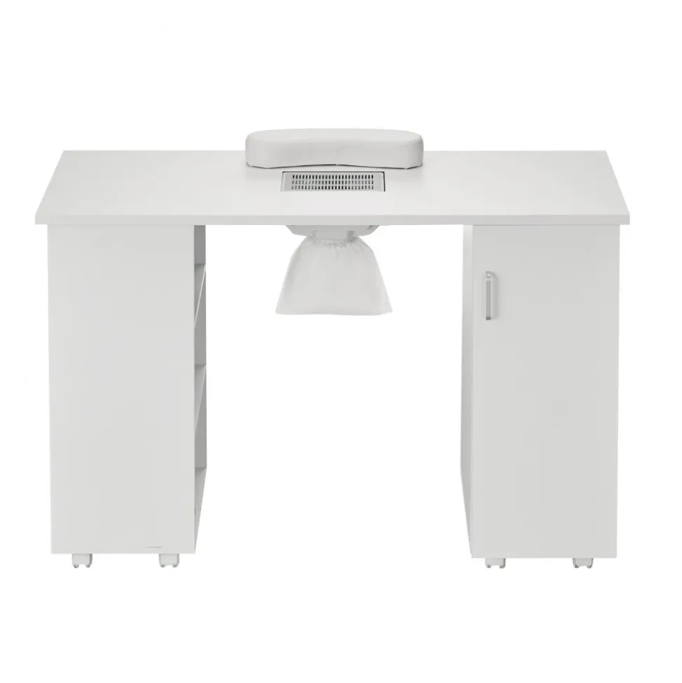 VEVOR Manicure Table, Nail Table Station with Electric Dust Collector, Moveable Nail Tech Desk with 8 Wheels (4 Lockable), 3 Dust Bag & Wrist Rest, MDF Nail Art Workstation for Spa Beauty Salon, White
