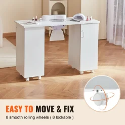 VEVOR Manicure Table, Nail Table Station with Electric Dust Collector, Moveable Nail Tech Desk with 8 Wheels (4 Lockable), 3 Dust Bag & Wrist Rest, MDF Nail Art Workstation for Spa Beauty Salon, White