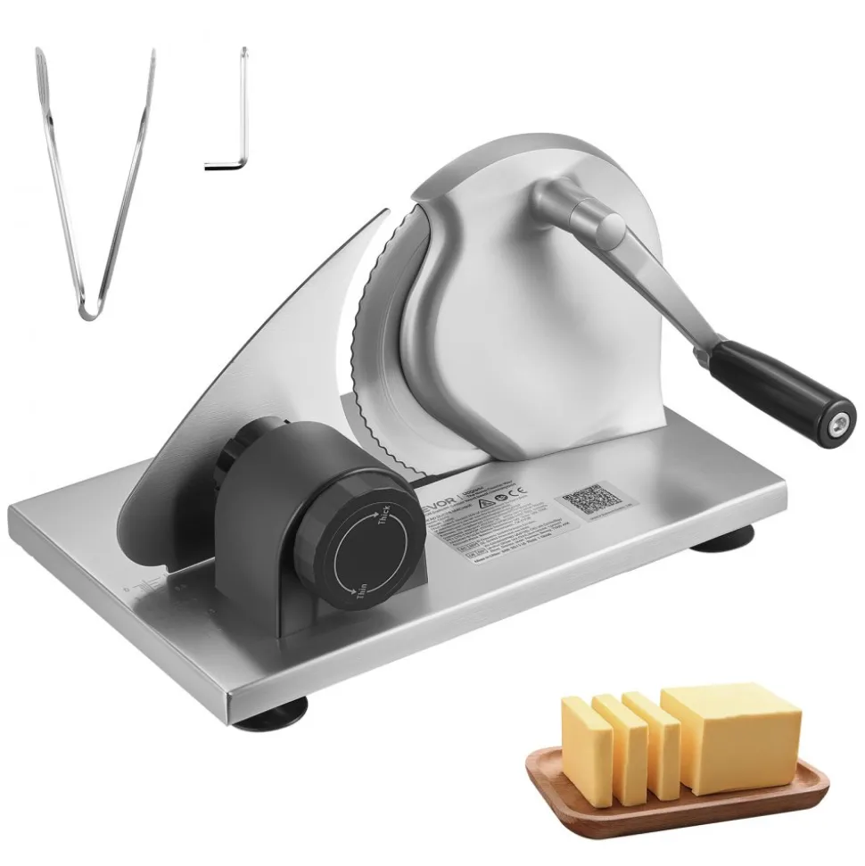 VEVOR Manual Bread Slicer, 0-0.6" Adjustable Thickness Cheese Cutter, Hand Cranked Slicer for Homemade Bread - with Serrated Stainless Steel Blade for Kitchen, Restaurant, Bakery, Party