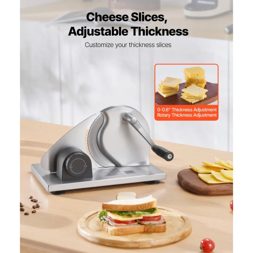 VEVOR Manual Bread Slicer, 0-0.6" Adjustable Thickness Cheese Cutter, Hand Cranked Slicer for Homemade Bread - with Serrated Stainless Steel Blade for Kitchen, Restaurant, Bakery, Party