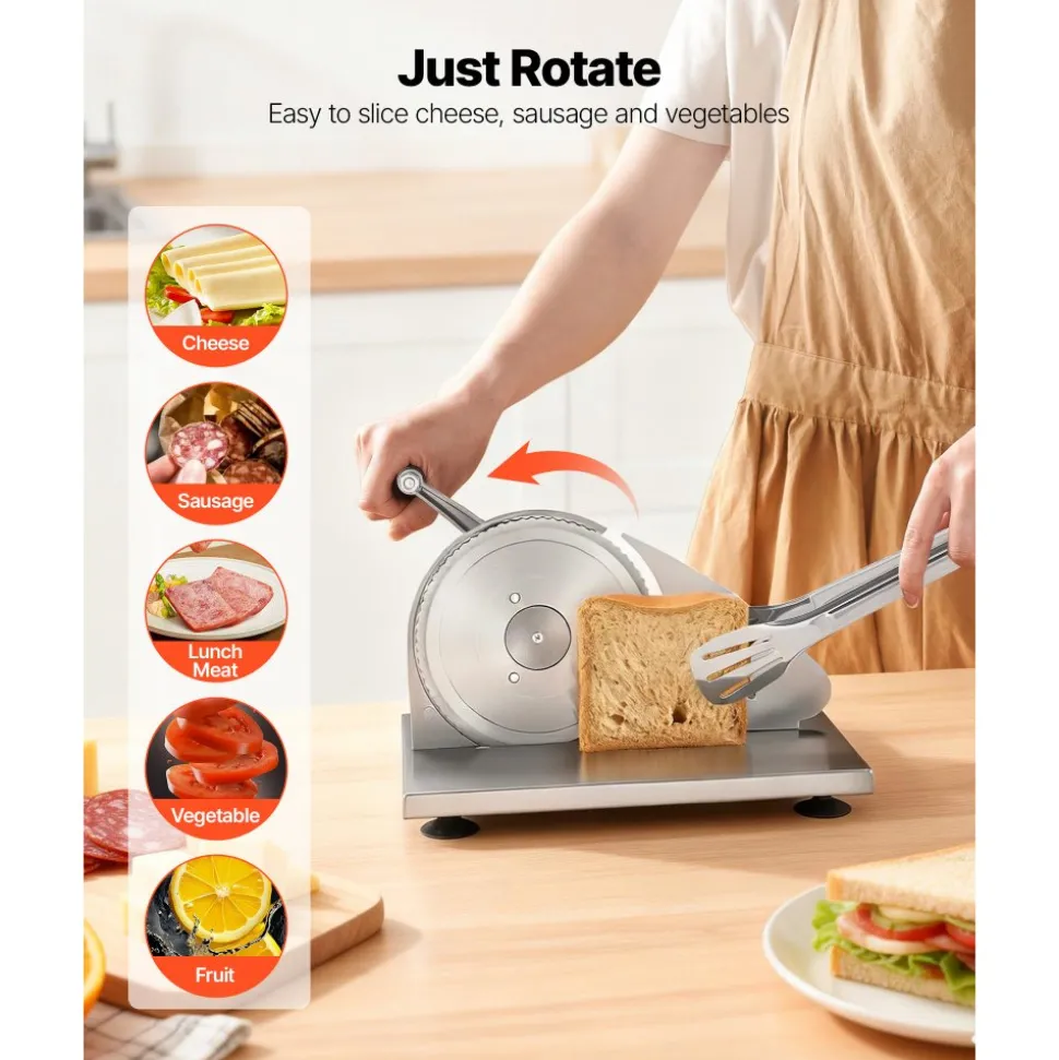 VEVOR Manual Bread Slicer, 0-0.6" Adjustable Thickness Cheese Cutter, Hand Cranked Slicer for Homemade Bread - with Serrated Stainless Steel Blade for Kitchen, Restaurant, Bakery, Party
