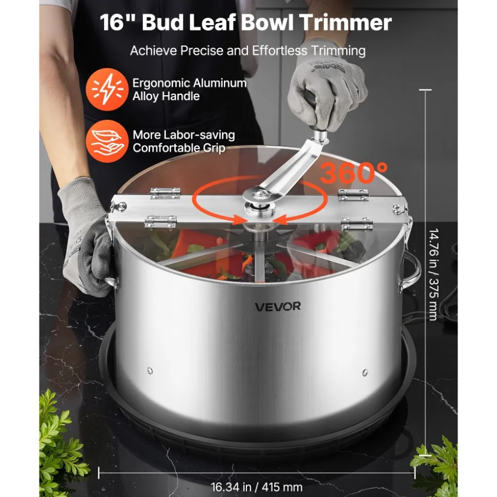 VEVOR Manual Bud Leaf Trimmer, 16 in Reaper Bowl Bud Trimmer with Stainless Steel Blades, Visual Cutting, Wet & Dry Hydroponic Cutting Machine with Tray, Twisted Spin Cut for Plant Buds Flowers