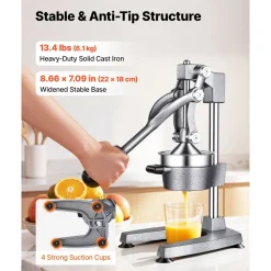 VEVOR Manual Citrus Juicer, 15" Tall Hand Press Orange Juicer, Manual Fresh Juice Extractor for Lemon Pomegranate Grapefruit, Heavy-Duty Cast Iron, Easy to Clean, Home & Commercial Use, Silver Gray
