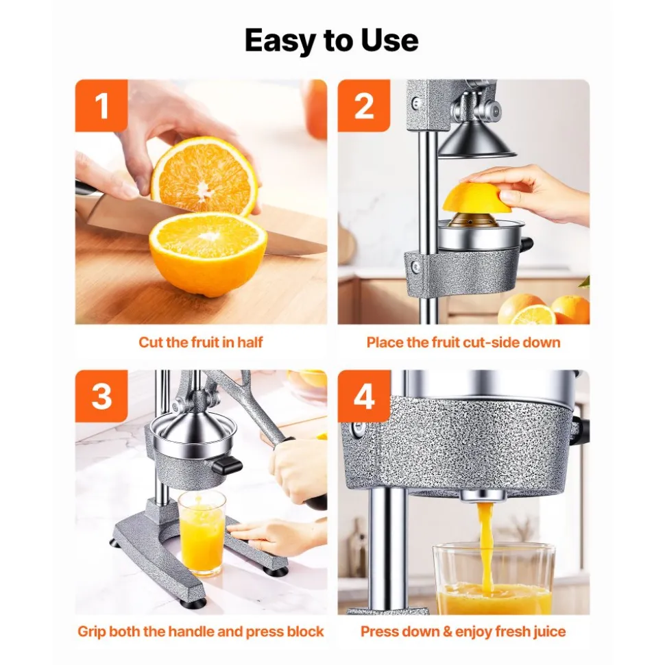 VEVOR Manual Citrus Juicer, 15" Tall Hand Press Orange Juicer, Manual Fresh Juice Extractor for Lemon Pomegranate Grapefruit, Heavy-Duty Cast Iron, Easy to Clean, Home & Commercial Use, Silver Gray