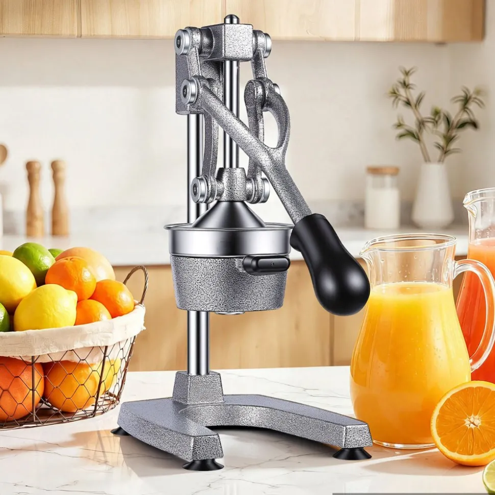 VEVOR Manual Citrus Juicer, 15" Tall Hand Press Orange Juicer, Manual Fresh Juice Extractor for Lemon Pomegranate Grapefruit, Heavy-Duty Cast Iron, Easy to Clean, Home & Commercial Use, Silver Gray