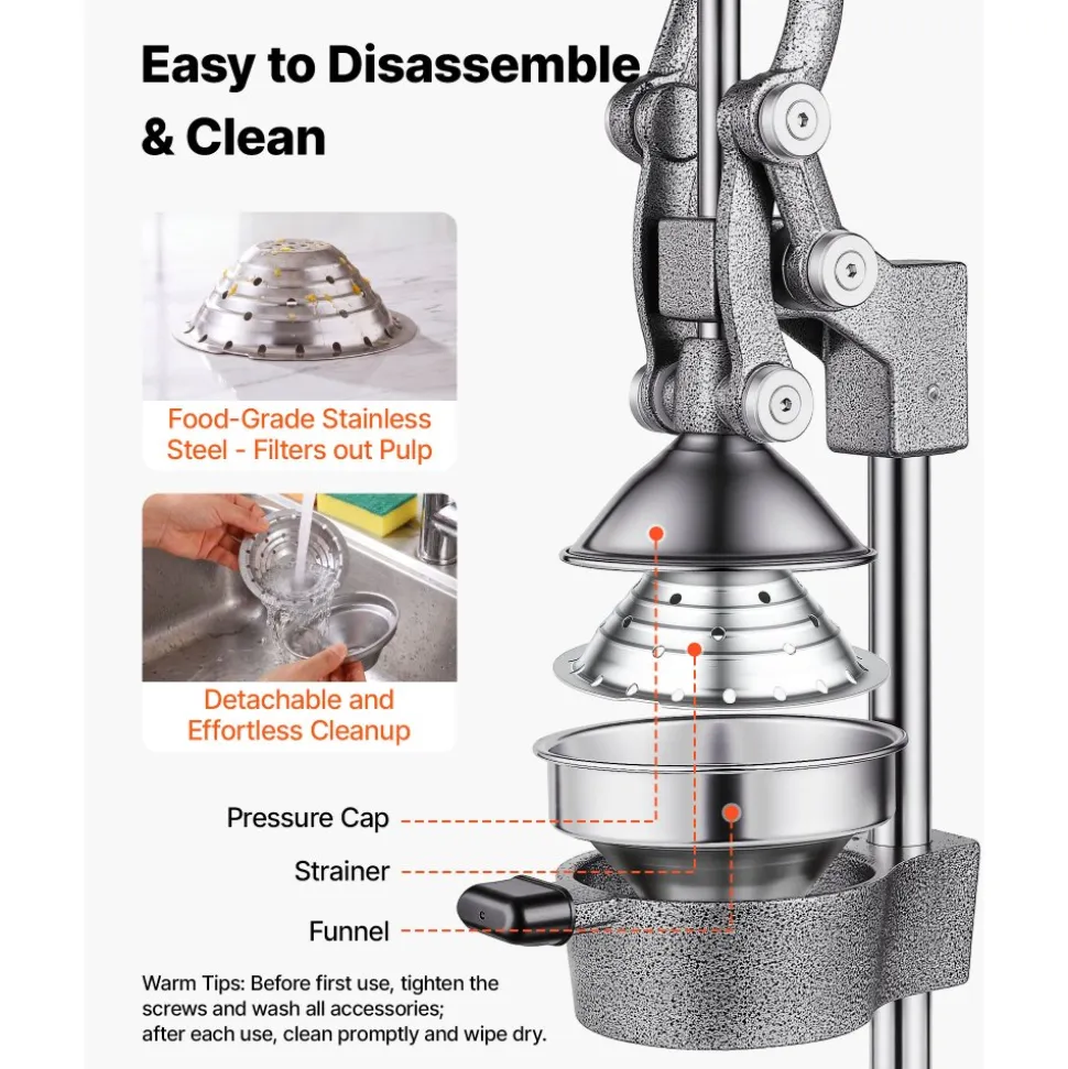 VEVOR Manual Citrus Juicer, 15" Tall Hand Press Orange Juicer, Manual Fresh Juice Extractor for Lemon Pomegranate Grapefruit, Heavy-Duty Cast Iron, Easy to Clean, Home & Commercial Use, Silver Gray