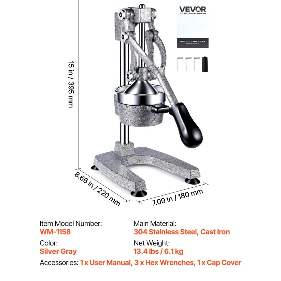 VEVOR Manual Citrus Juicer, 15" Tall Hand Press Orange Juicer, Manual Fresh Juice Extractor for Lemon Pomegranate Grapefruit, Heavy-Duty Cast Iron, Easy to Clean, Home & Commercial Use, Silver Gray