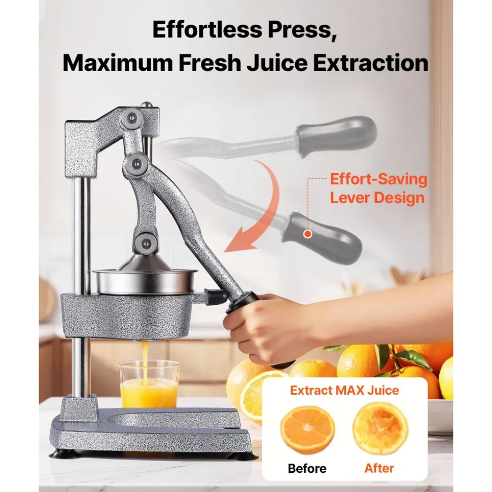 VEVOR Manual Citrus Juicer, 15" Tall Hand Press Orange Juicer, Manual Fresh Juice Extractor for Lemon Pomegranate Grapefruit, Heavy-Duty Cast Iron, Easy to Clean, Home & Commercial Use, Silver Gray
