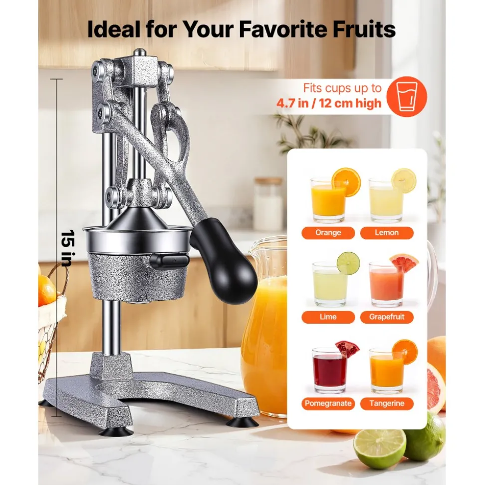 VEVOR Manual Citrus Juicer, 15" Tall Hand Press Orange Juicer, Manual Fresh Juice Extractor for Lemon Pomegranate Grapefruit, Heavy-Duty Cast Iron, Easy to Clean, Home & Commercial Use, Silver Gray