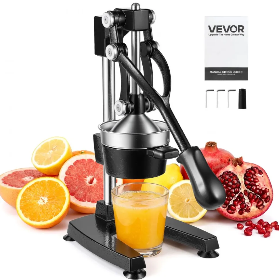 VEVOR Manual Citrus Juicer, 15" Tall Hand Press Oranges Juicer, Manual Fresh Juice Extractor for Lemon Pomegranate Grapefruit, Heavy-Duty Cast Iron, Easy to Clean, Home & Commercial Use, Black
