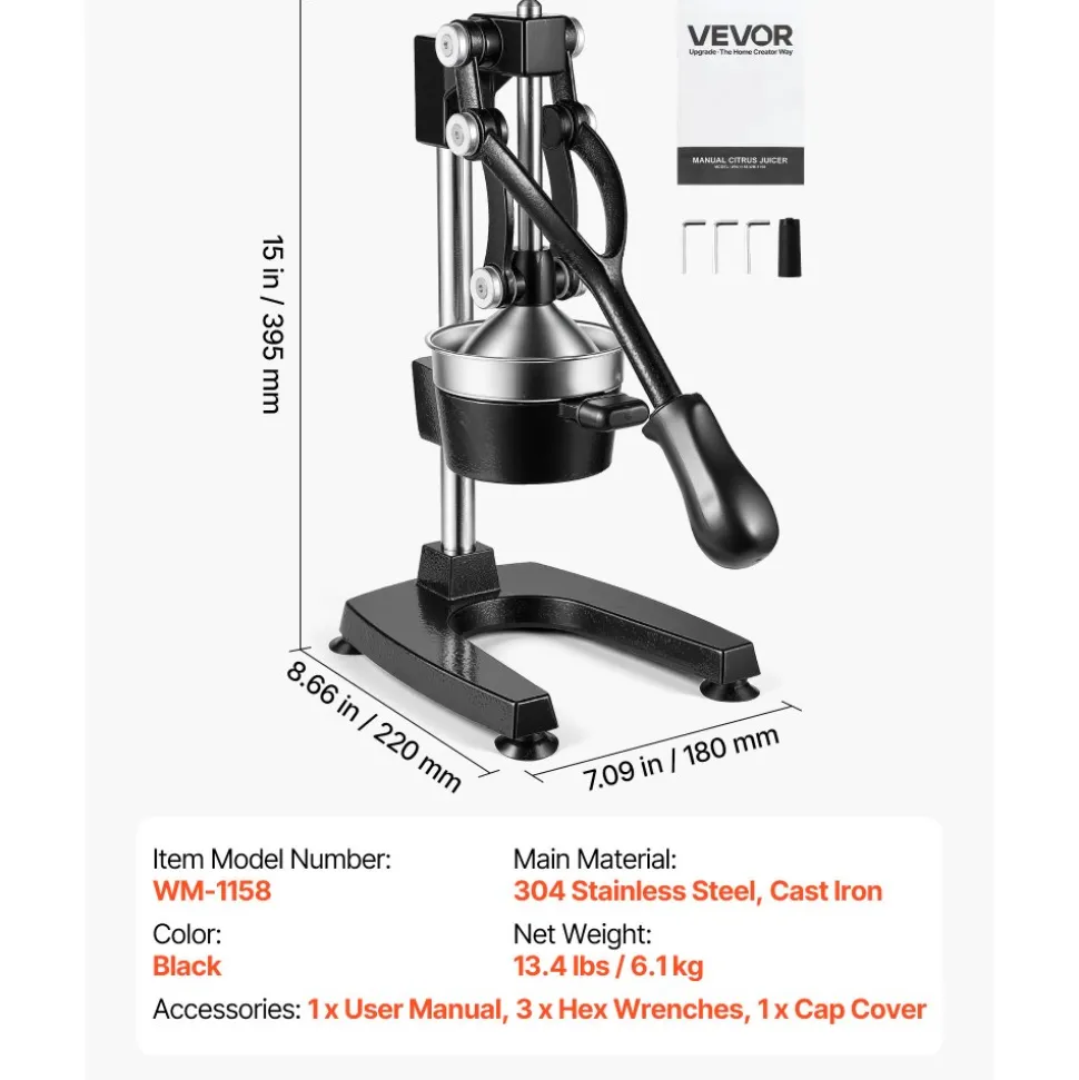 VEVOR Manual Citrus Juicer, 15" Tall Hand Press Oranges Juicer, Manual Fresh Juice Extractor for Lemon Pomegranate Grapefruit, Heavy-Duty Cast Iron, Easy to Clean, Home & Commercial Use, Black